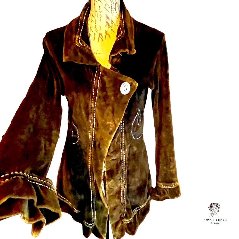 Rising International Brown Embroidery Velvet Flare Sleeve Jacket Size L